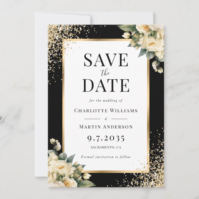 Black Gold Ivory Rose Confetti Floral Wedding Save The Date (Vorderseite)