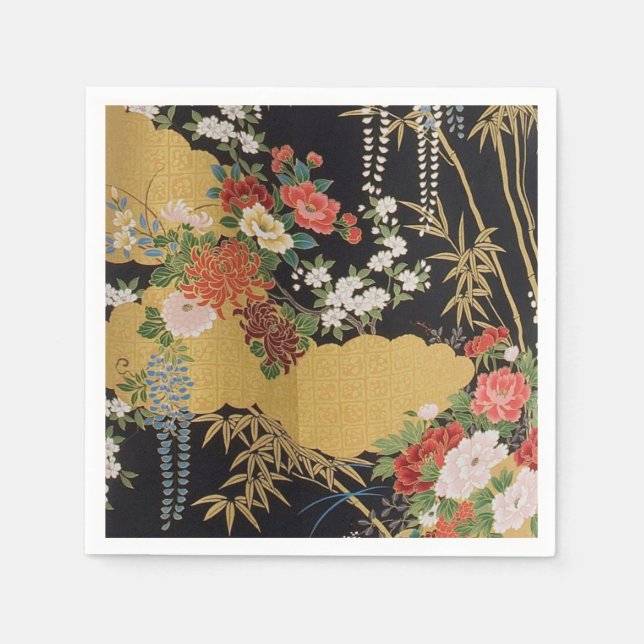 Black Gold Japanisch Kimono Blumenpapier Serviette (Vorderseite)