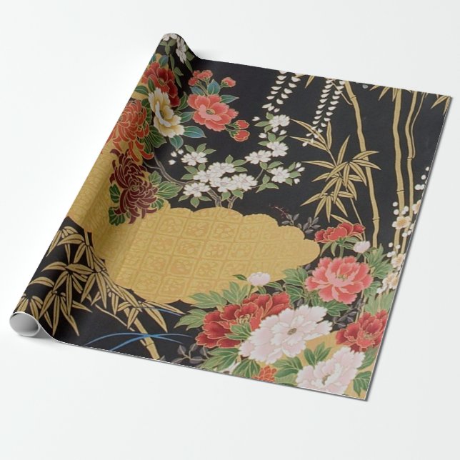 Black Gold Japanisch Kimono Floral Decoupage Gesch Geschenkpapier (Ungerollt)