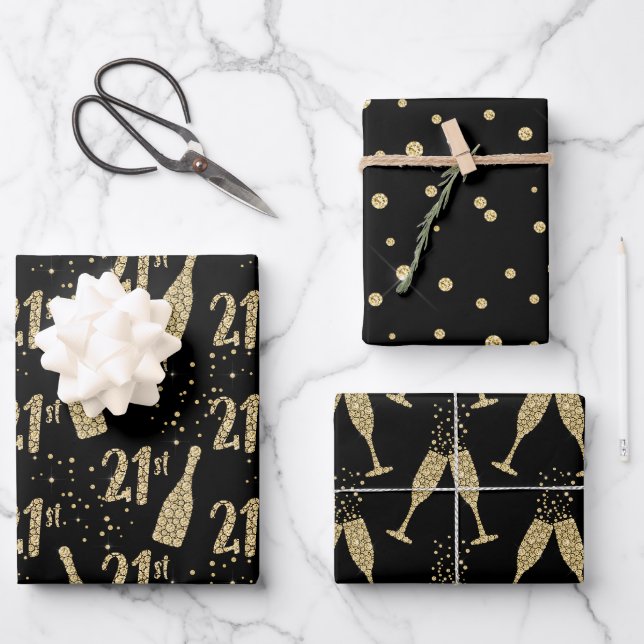 Black Gold Jeweled Champagne 21. Feier Geschenkpapier Set (Vorderseite)