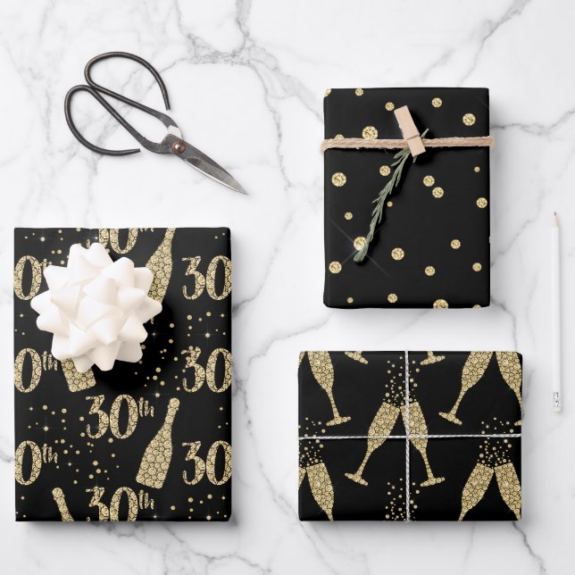 Black Gold Jeweled Champagne 30. Feier Geschenkpapier Set (Vorderseite)