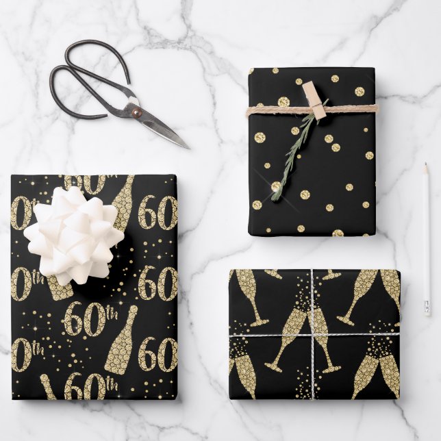 Black Gold Jeweled Champagne 60. Celebration Geschenkpapier Set (Vorderseite)