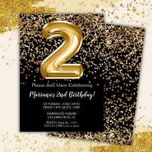 Black Gold Kids Girl 2. Geburtstag Party Einladung