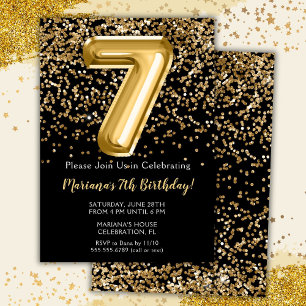 Black Gold Kids Girl 7th Birthday Party Invitation