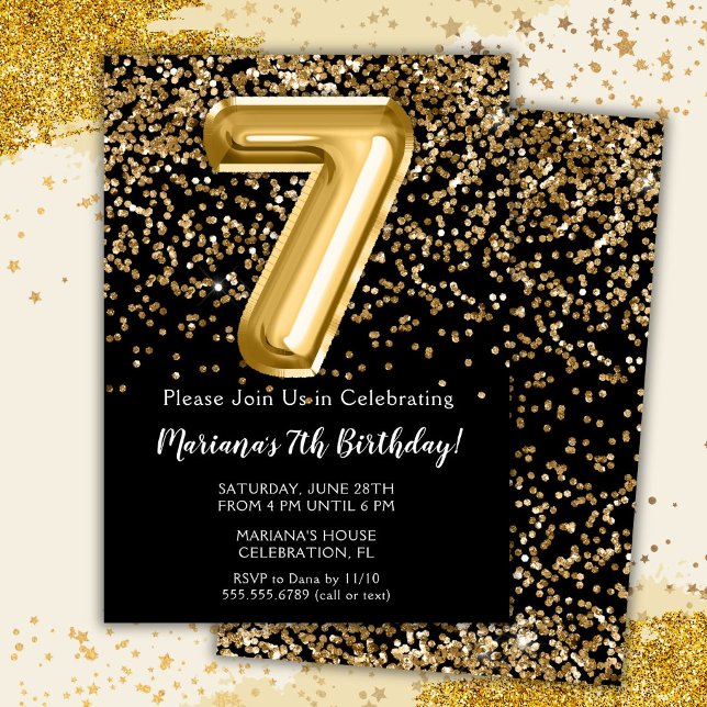 Black Gold Kids Girl 7th Birthday Party Invitation (Créateur téléchargé)