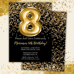 Black Gold Kids Girl 8th Birthday Party Invitation