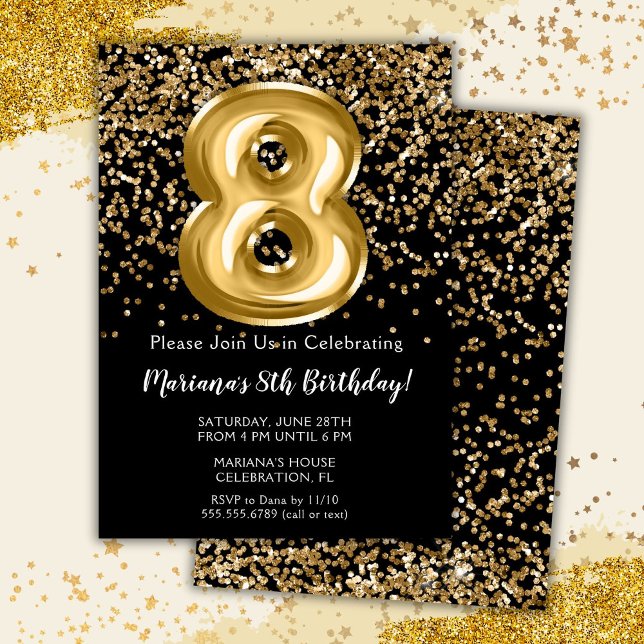 Black Gold Kids Girl 8th Birthday Party Invitation (Créateur téléchargé)