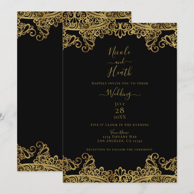 Black & Gold Lace Elegante Hochzeit Einladung (Vorne/Hinten)