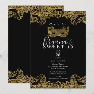 Black & Gold Lace Masquerade Sweet 16 Party Einladung