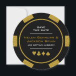 Black Gold Las Vegas Poker Chip Save the Date<br><div class="desc">Dazzle deine Gäste,  indem du ihnen diese Schwarz-,  Gold- und Weiß-Poker-Chips Save the Date Einladungskarten schickst. Sie warten gespannt auf die offizielle Einladung zu dieser unvergesslichen Hochzeit!</div>