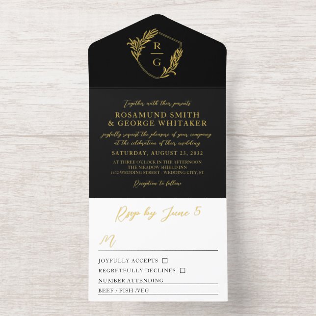Black Gold Leaf Adorned Shield Monogram Wedding All-in-One-Einladung (Innenseite)