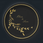 Black Gold Leaf Elegante Name Skripthochzeit Pappteller<br><div class="desc">Schön schwarz mit Blattsprig Glitzer betont Papierplatte,  die elegant und elegant ist. Minimalistisch und modern. Fügen Sie Ihre Namen hinzu.</div>