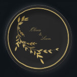 Black Gold Leaf Elegante Name Skripthochzeit Pappteller<br><div class="desc">Schön schwarz mit Blattsprig Glitzer betont Papierplatte, die elegant und elegant ist. Minimalistisch und modern. Fügen Sie Ihre Namen hinzu.</div>