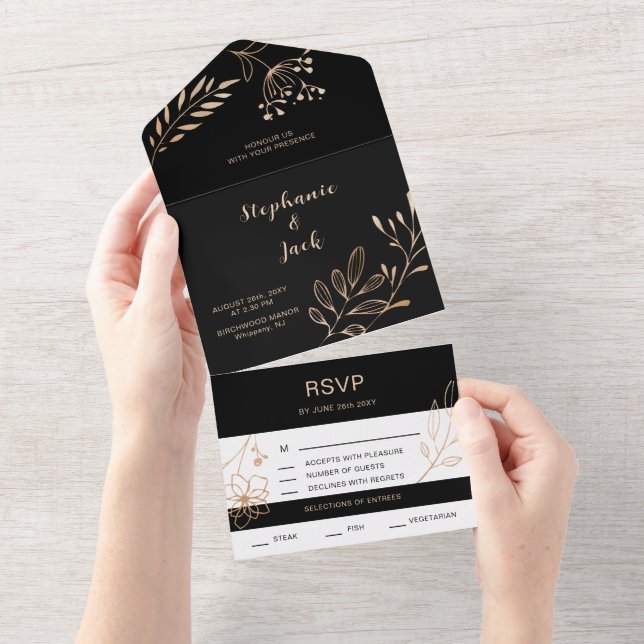 Black & Gold Leaf - Hochzeit All In One Einladung (Abreißen)