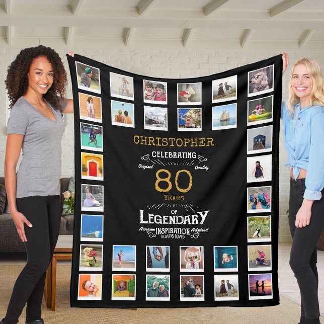 Black Gold Legendary Foto zum 80. Geburtstag Fleecedecke (Personalized 80th birthday gift fleece blanket with 32 photos of your choice)
