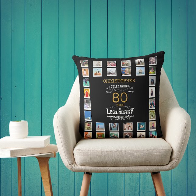 Black Gold Legendary Foto zum 80. Geburtstag Kissen (Personalized 80th birthday gift throw pillow with 32 photos of your choice)