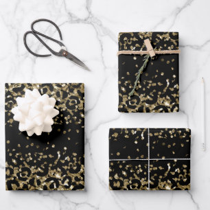 Black Gold Leopard Cheetah Print Glitzer Glam Geschenkpapier Set