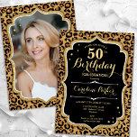 Black Gold Leopard Print Foto 50. Geburtstag Einladung<br><div class="desc">Elegante weibliche 50. Geburtstagseinladung mit Ihrem Foto auf der Kartenrückseite. Glam schwarzes Design mit tierischem Leopardenprint und Imitaten Glitzer Gold. Enthält Skript-Schriftart und Konfetti. Ideal für ein stilvolles Party für Erwachsene. Personalisieren Sie Ihre persönlichen Daten. Kann für jedes Alter angepasst werden! Gedruckte Zazzle Einladungen oder Sofortdownload digitalen druckbaren Vorlage.</div>