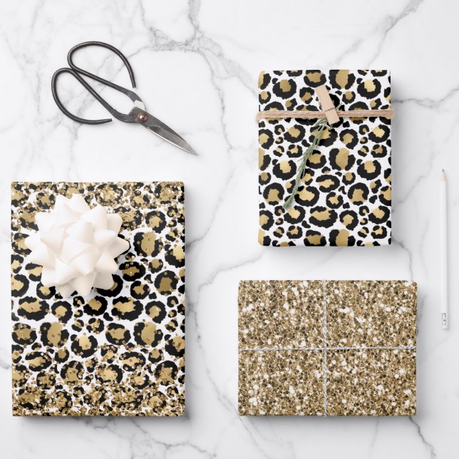 Black Gold Leopard Print Glitz Geschenkpapier Set (Vorderseite)