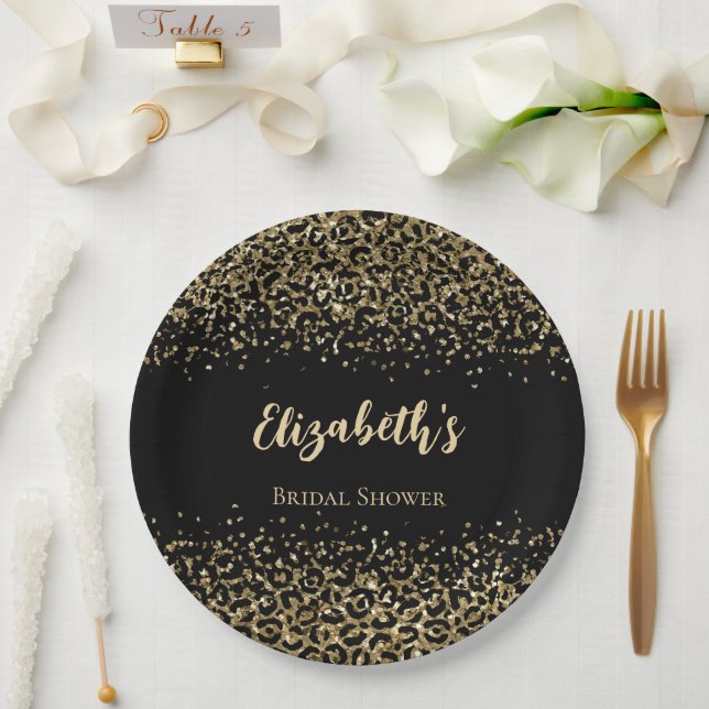 Black Gold Leopard Print Glitzer Brautparty Pappteller (Hochzeit)