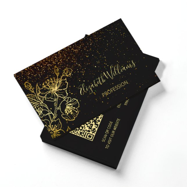 Black Gold Line Art Floral Glitzer | QR-Code Visitenkarte (Von Creator hochgeladen)