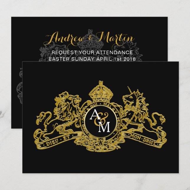 Black Gold Lion Unicorn Regal Emblem Wedding Einladung (Vorne/Hinten)