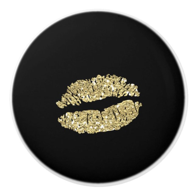 Black & Gold Lippen Kiss Chic Glam Dragwer Dresser Keramikknauf (Vorderseite)