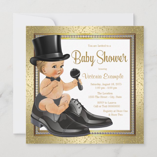 Black Gold Little Man Baby Dusche Einladung (Vorderseite)