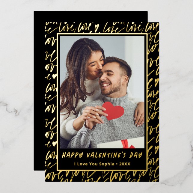 Black & Gold Love Valentines Day Photo Folien Feiertagskarte (Vorderseite/Rückseite)