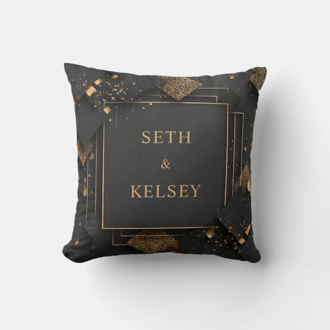 Black & Gold Luxe Geometric Elegante Hochzeit Kissen (Vorderseite)