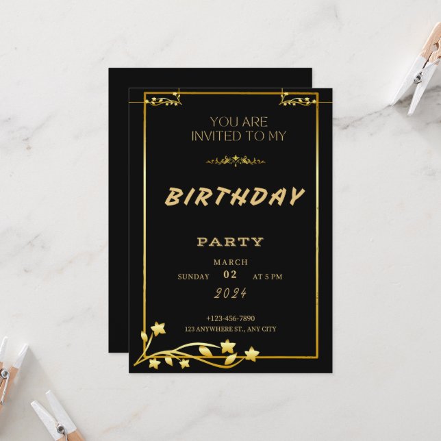 Black Gold Luxury Birthday Einladung (Vorderseite/Rückseite Beispiel)