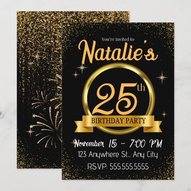 Black Gold Luxury Happy Birthday Party Einladung (Vorne/Hinten)