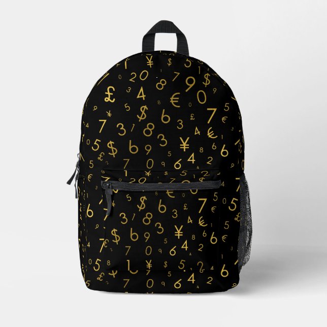 Black Gold Luxury Numbers Währungssymbole Muster Bedruckter Rucksack (Vorderseite)