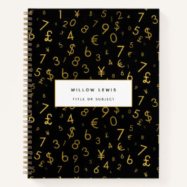 Black Gold Luxury Numbers Währungssymbole Muster Notizbuch