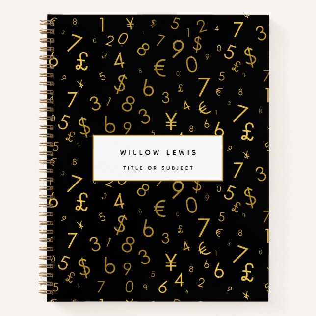 Black Gold Luxury Numbers Währungssymbole Muster Notizbuch (Vorderseite)