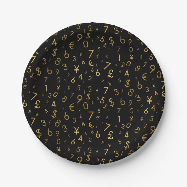 Black Gold Luxury Numbers Währungssymbole Muster Pappteller (Vorderseite)