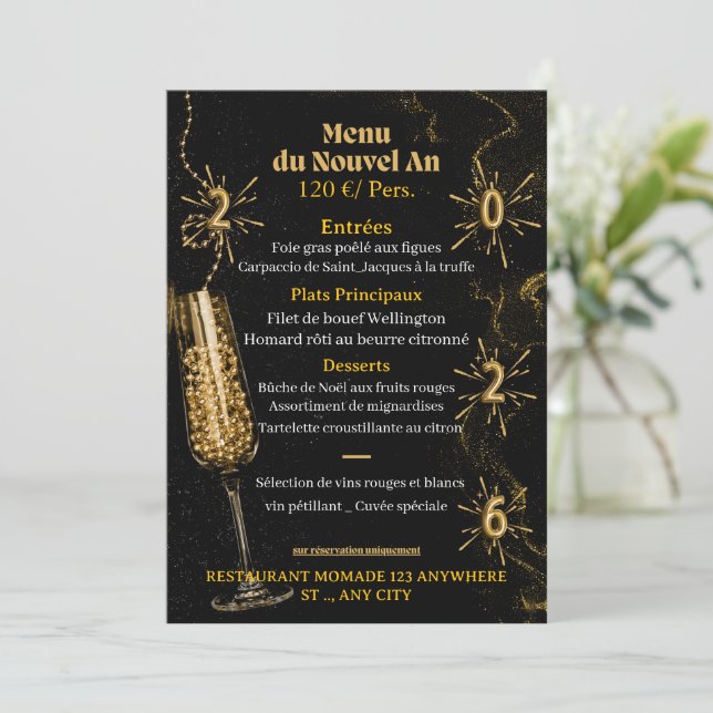 Black & Gold Luxury Sparkle Dinner Menu Template (Debout devant)