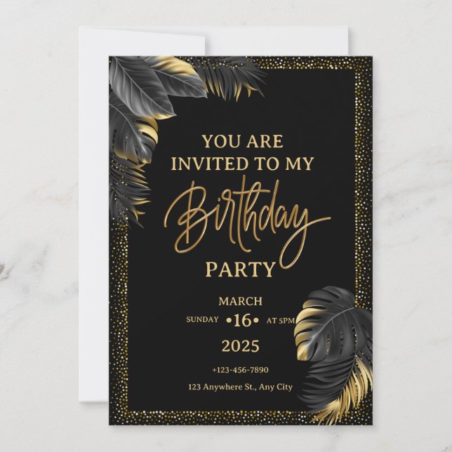 Black Gold Luxury Tropical Leaf Happy Birthday Einladung (Vorderseite)