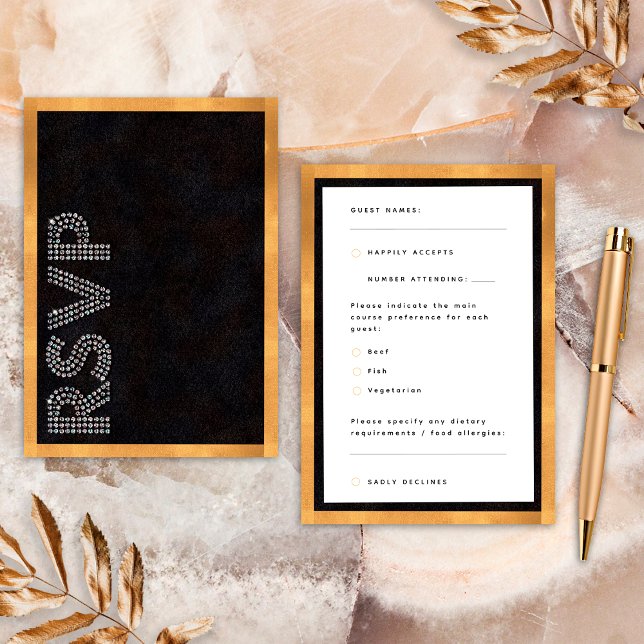 Black Gold Luxury Wedding RSVP Food Allergien (Front / Back)