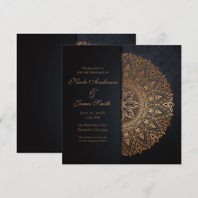 Black & Gold Mandala Elegante Hochzeit Einladung (Vorne/Hinten)