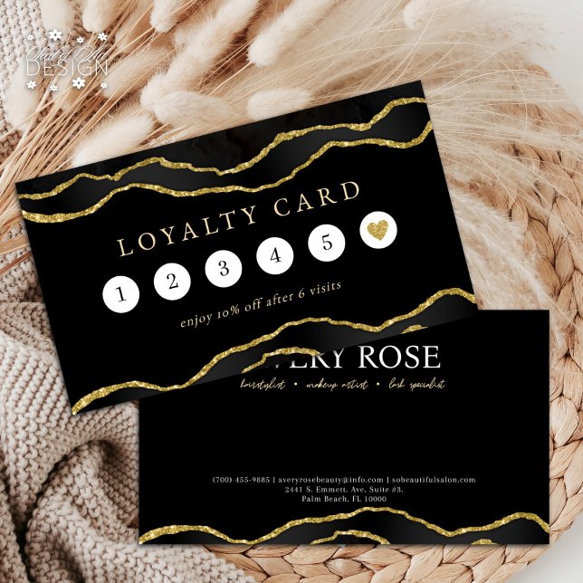 Black & Gold Marble Agate Beauty Salon Loyalität Visitenkarte (Von Creator hochgeladen)