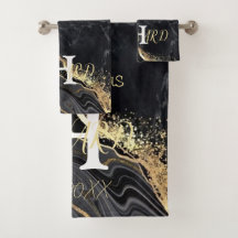 Black Gold Marble Agate Monogram Name Newlyweds