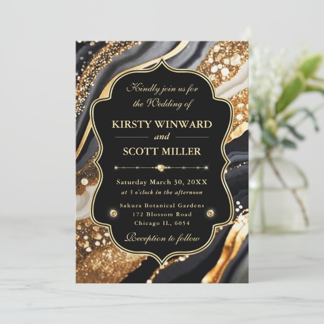 Black Gold Marble Glitter Elegant Wedding Einladung (Stehend Vorderseite)