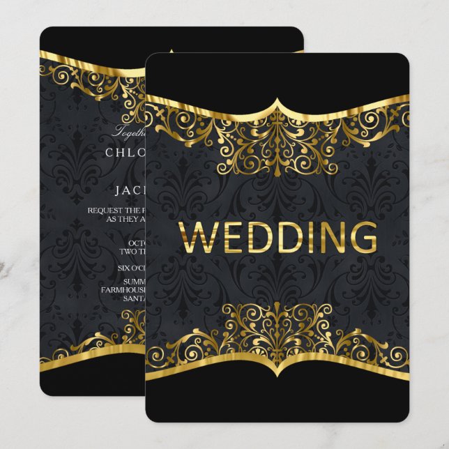 Black Gold Mariage damassé Elegant Invitation Fron (Devant / Derrière)
