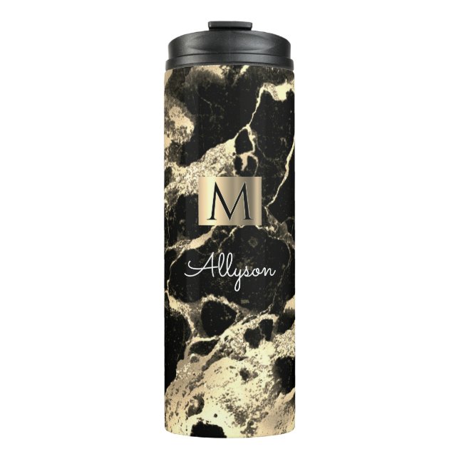 Black & Gold Marmor 2, Gold Box, Name & Monogramm Thermosbecher (Vorderseite)