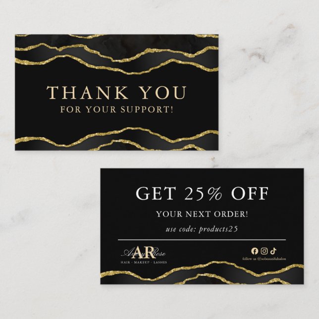 Black & Gold Marmor Agate Schönheit Danke Karte (Vorne/Hinten)