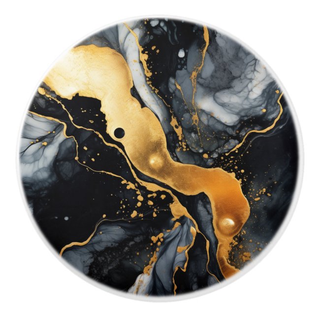 Black Gold Marmor Alkohol Tinte Abstrakt Keramikknauf (Vorderseite)