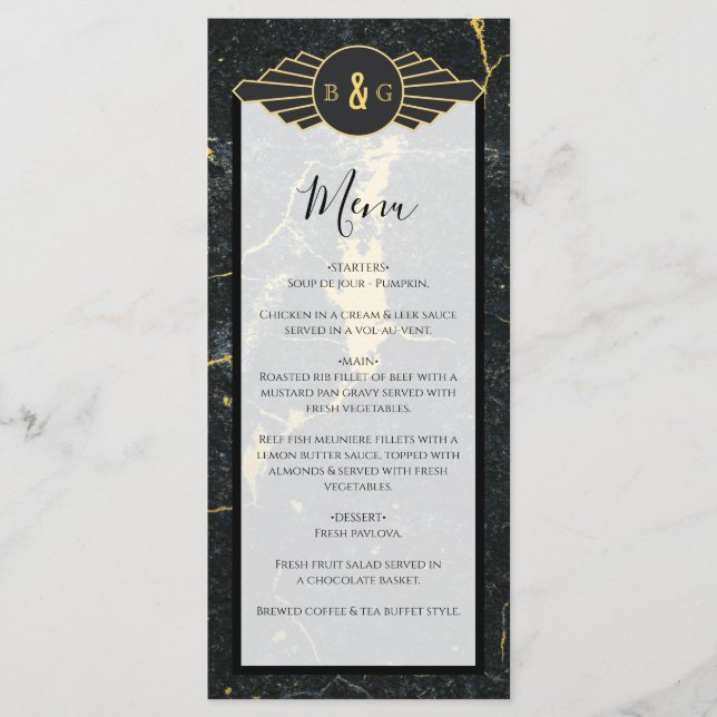 Black Gold Marmor Art Deco Hochzeit Menükarte (Vorderseite)