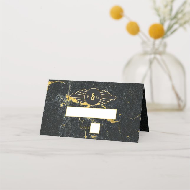Black Gold Marmor Art Deco Hochzeit Platzkarte (Vorderseite)