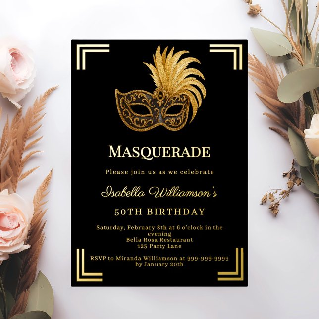 Black gold Masquerade luxury birthday party Folieneinladung (Von Creator hochgeladen)